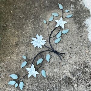 Three Branches w. Three Flowers Metallic Black White & Blue Floral Wall Decor